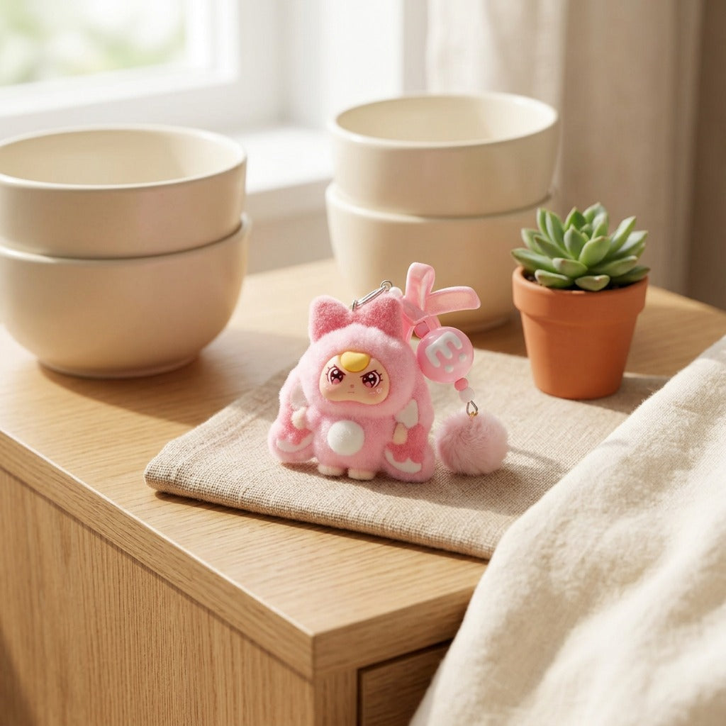 Bunnyfuzz™ PVC Flocked Rabbit Keychain Pendant in a calm home setting