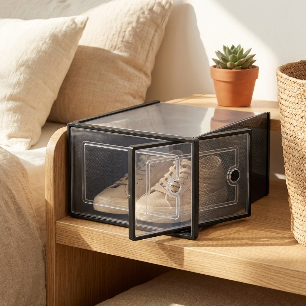 Foldcase™ Foldable Plastic Shoe Box in a calm home setting