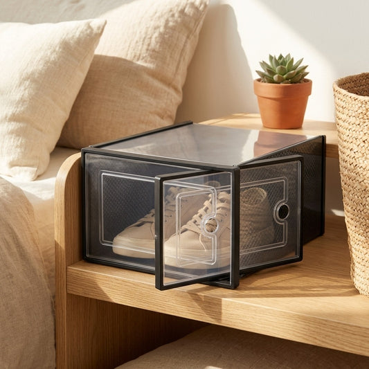 Foldcase™ Foldable Plastic Shoe Box in a calm home setting