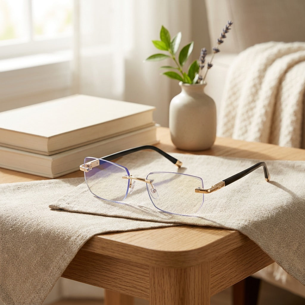 Lightline™ Rimless Anti-Blue Light Reading Glasses in a calm home setting