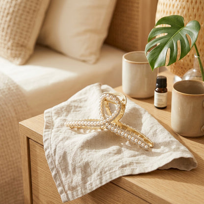 Pearlclasp™ Alloy Pearl Grip Hair Clip in a calm home setting
