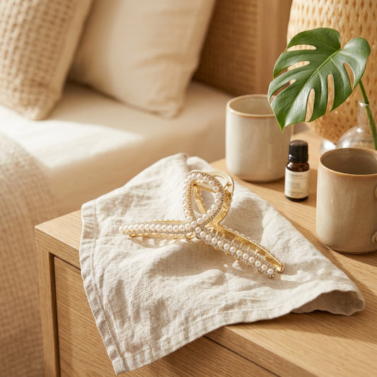 Pearlclasp™ Alloy Pearl Grip Hair Clip in a calm home setting