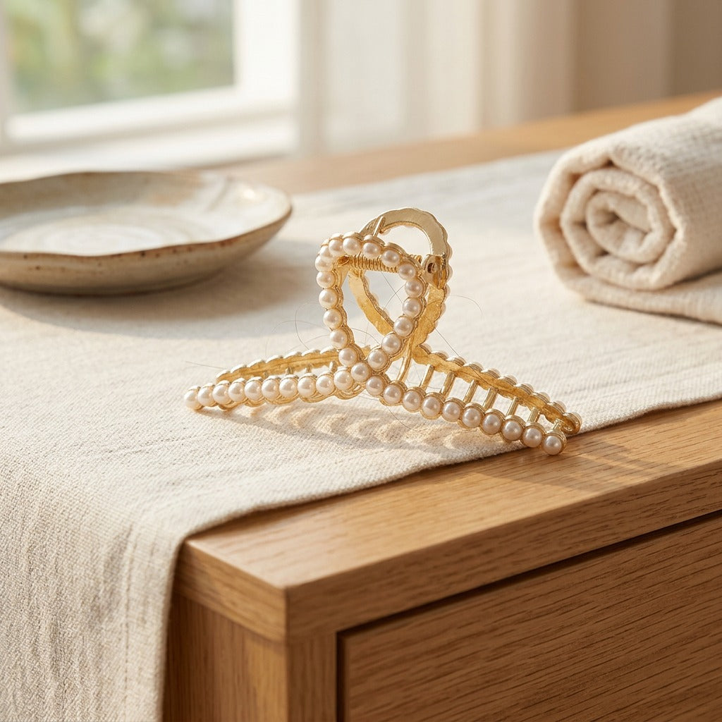 Pearlclasp™ Alloy Pearl Grip Hair Clip, styled close view