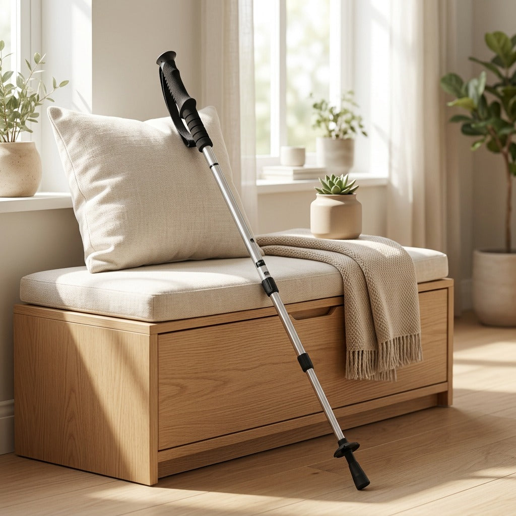 Trailstride™ Aluminum Alloy Three-Section Trekking Pole in a calm home setting