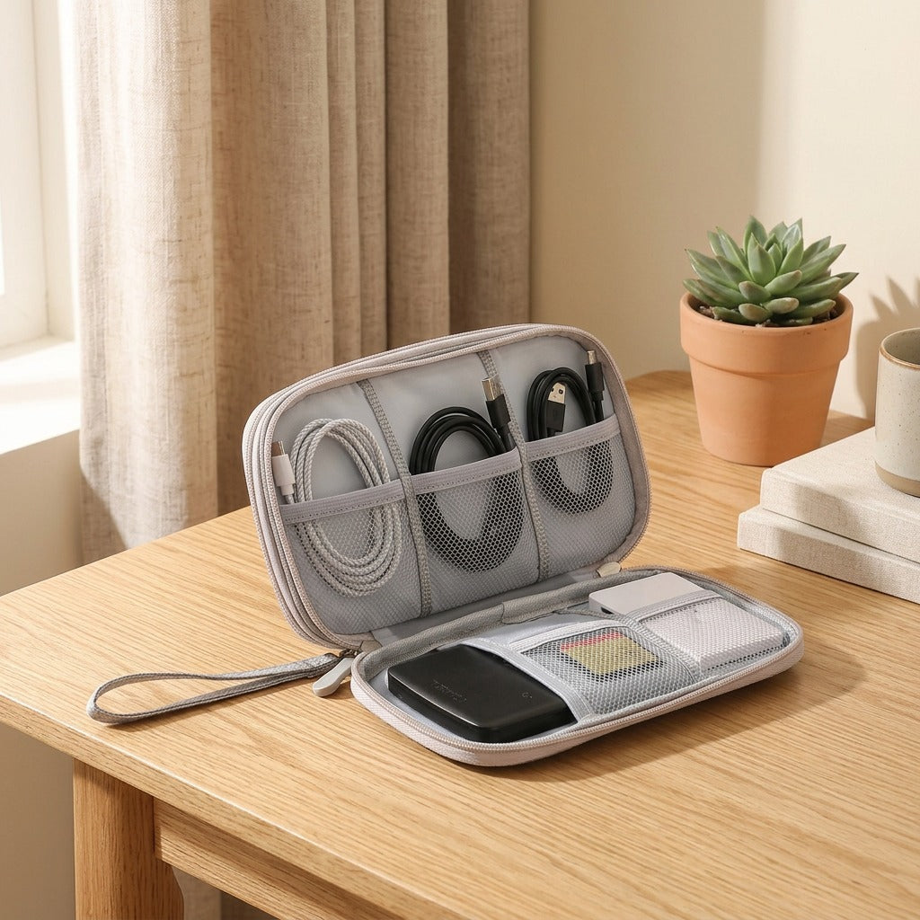 Cordpouch™ Polyester Cable Storage Bag in a calm home setting