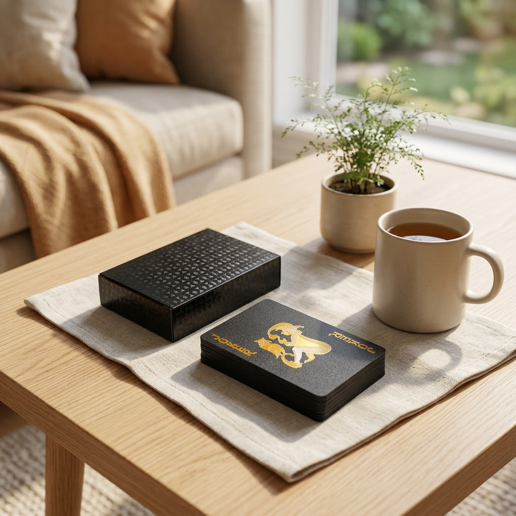Gilddeck™ Paper Gold Foil Playing Cards in a calm home setting