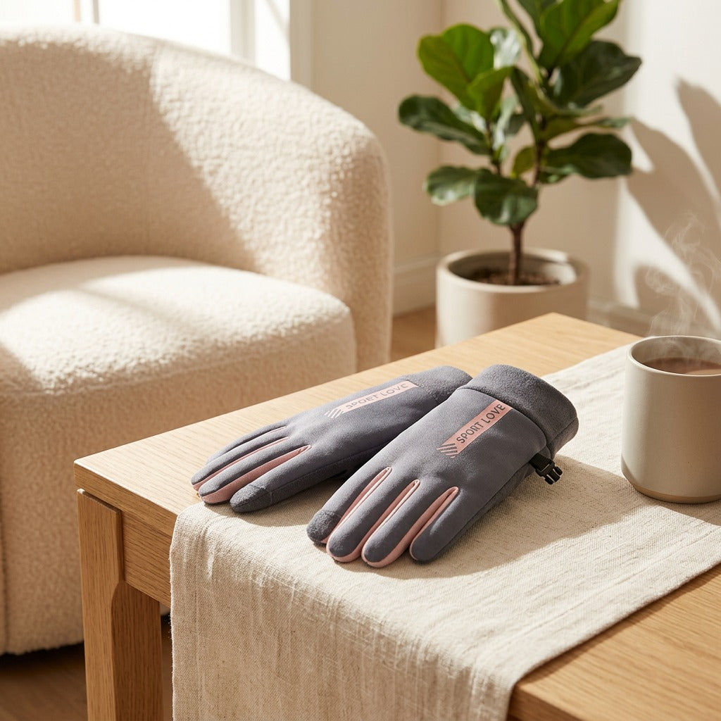 Tapwarm™ Touch Screen Warm Winter Gloves in a calm home setting