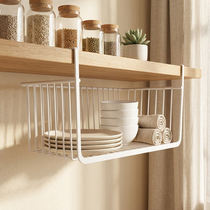 Shelfbasket™ Stainless Steel Kitchen Cabinet Hanging Basket in a calm home setting
