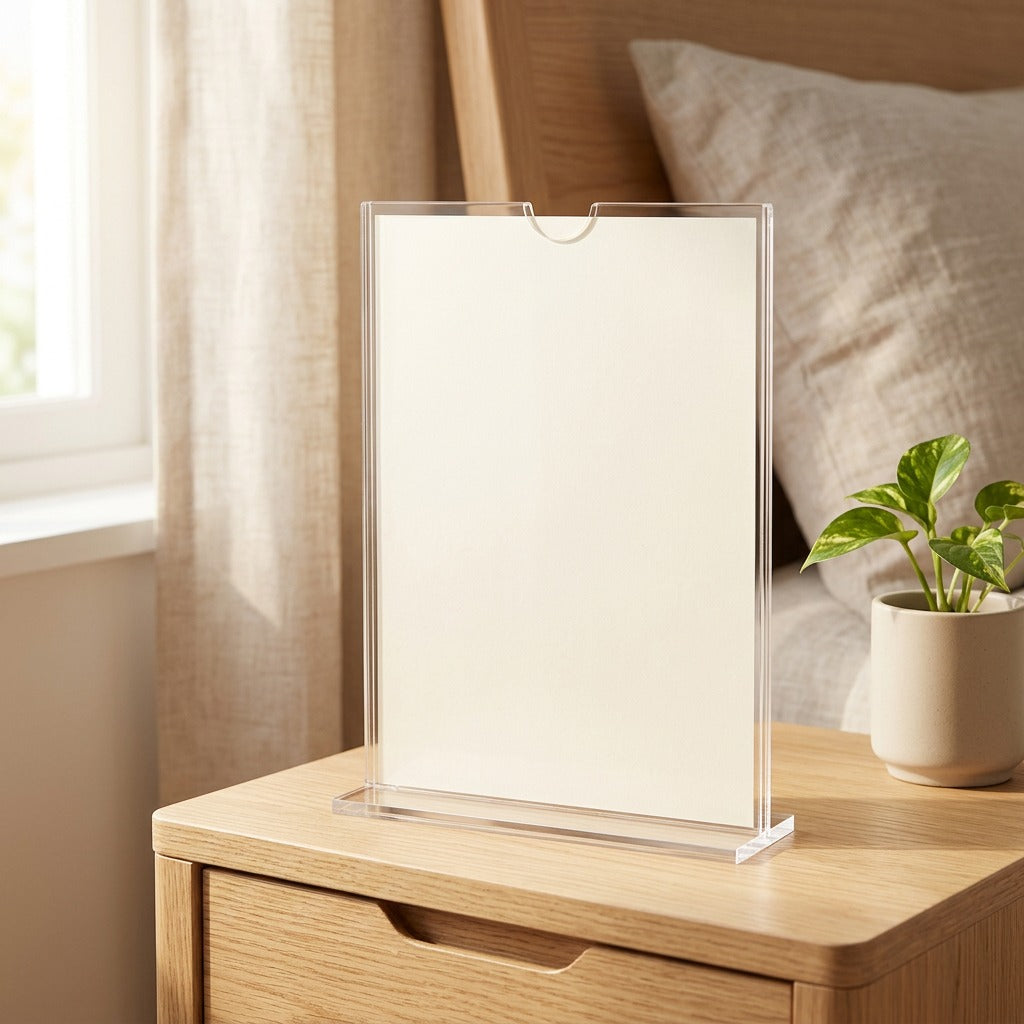 Signrest™ Transparent Acrylic Sign Holder in a calm home setting