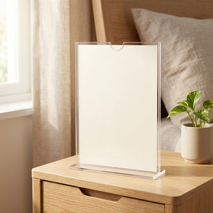 Signrest™ Transparent Acrylic Sign Holder in a calm home setting