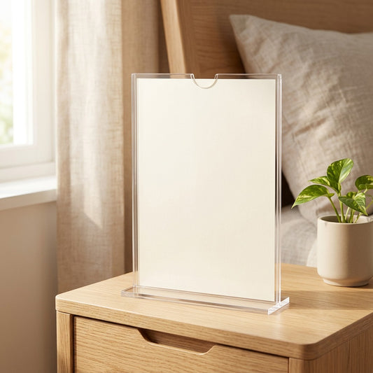 Signrest™ Transparent Acrylic Sign Holder in a calm home setting