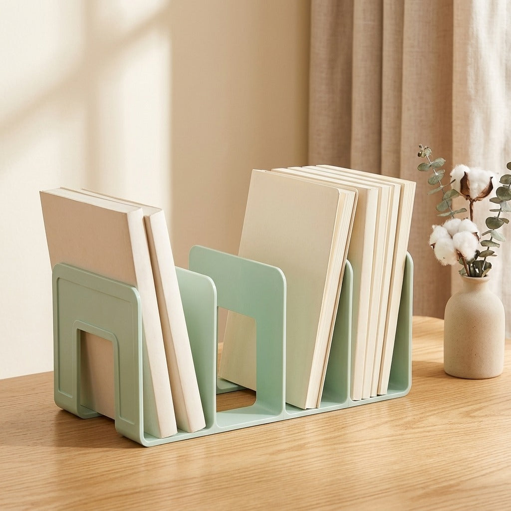 Bookcolumn™ Four-Column Plastic Book Stand in a calm home setting