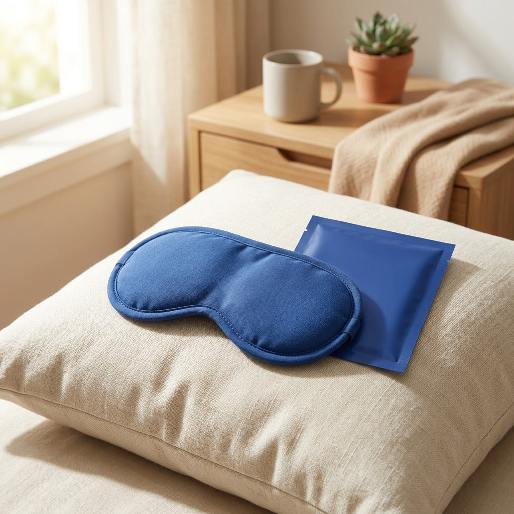 Vaporloom™ Non-Woven Steam Hot Compress Eye Mask in a calm home setting