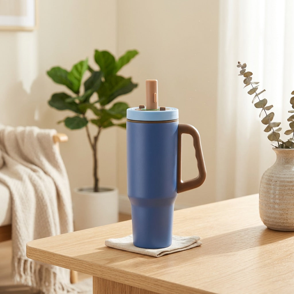 Sipcozy™ Insulated Cup with Handle and Straw in a calm home setting