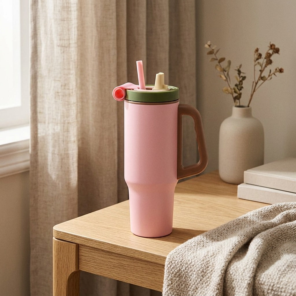 Sipcozy™ Insulated Cup with Handle and Straw, styled close view