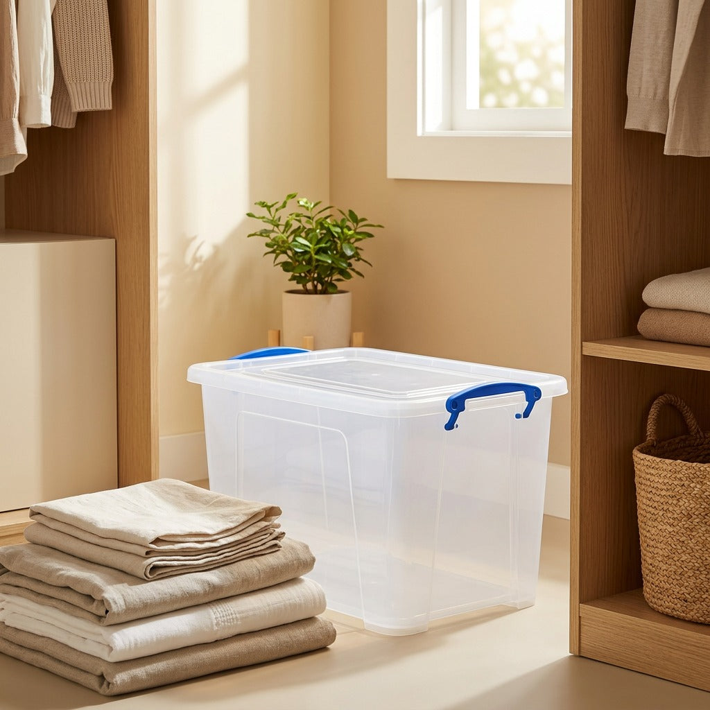 Cleartote™ Translucent Plastic Storage Box in a calm home setting