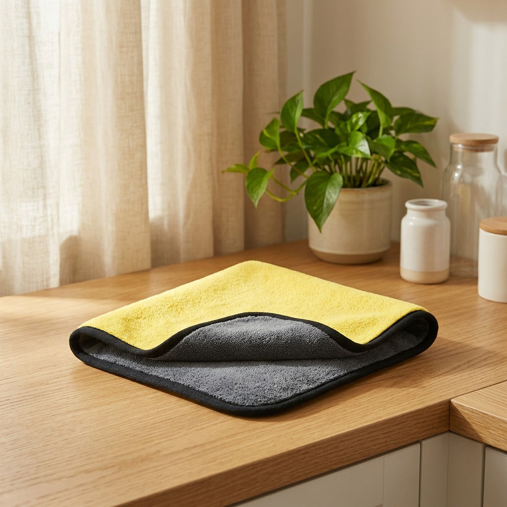 Coralplush™ Coral Fleece Car Wash Towel in a calm home setting