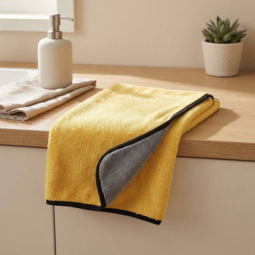 Coralwash™ Coral Fleece Car Wash Towel in a calm home setting