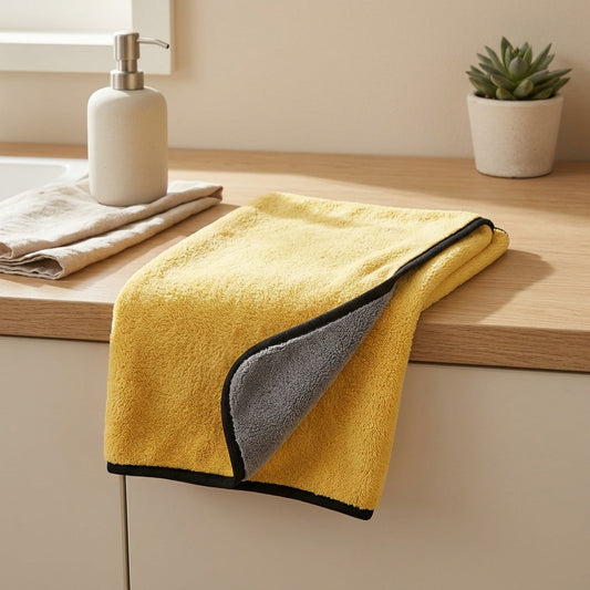 Coralwash™ Coral Fleece Car Wash Towel in a calm home setting