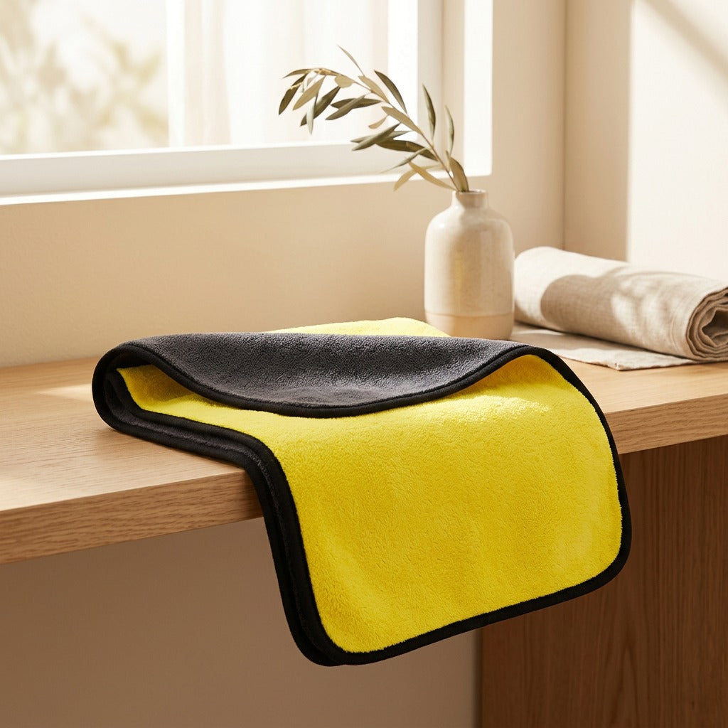 Coravelle™ Coral Fleece Car Wash Towel in a calm home setting