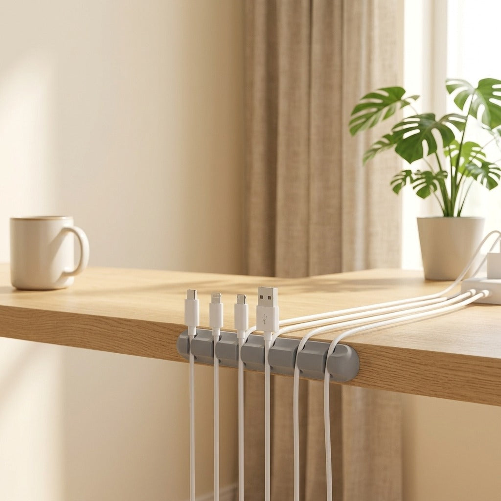 Cordnook™ Silicone Data Cable Organizer Clip in a calm home setting