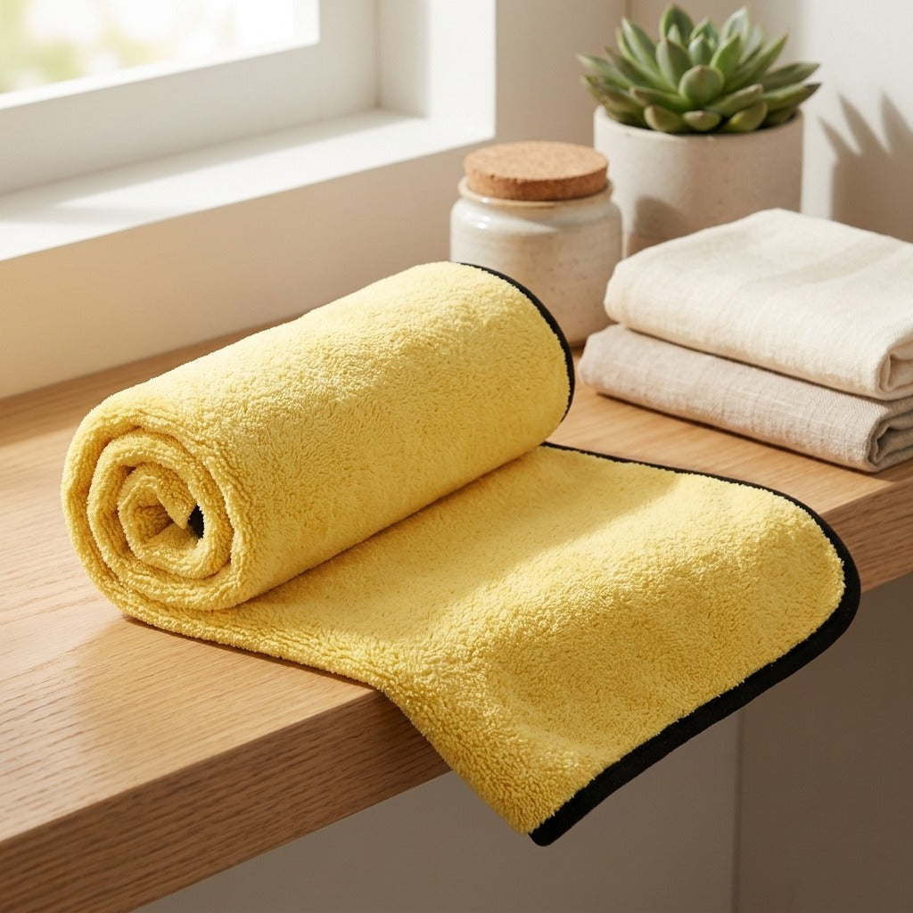 Dualweave™ Coral Fleece Car Cleaning Towel in a calm home setting