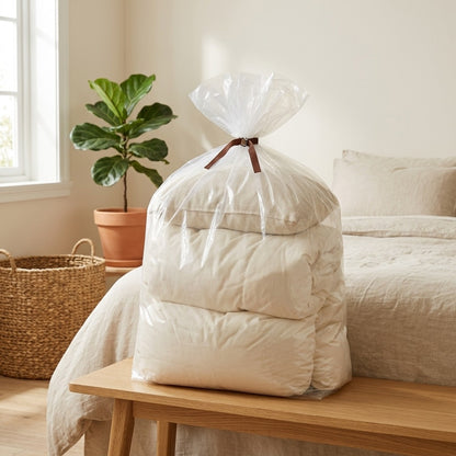 Duvetview™ Transparent Plastic Quilt Storage Bag in a calm home setting