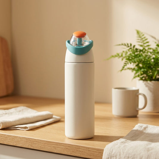 Gulpgrip™ Stainless Steel Water Bottle with Straw in a calm home setting