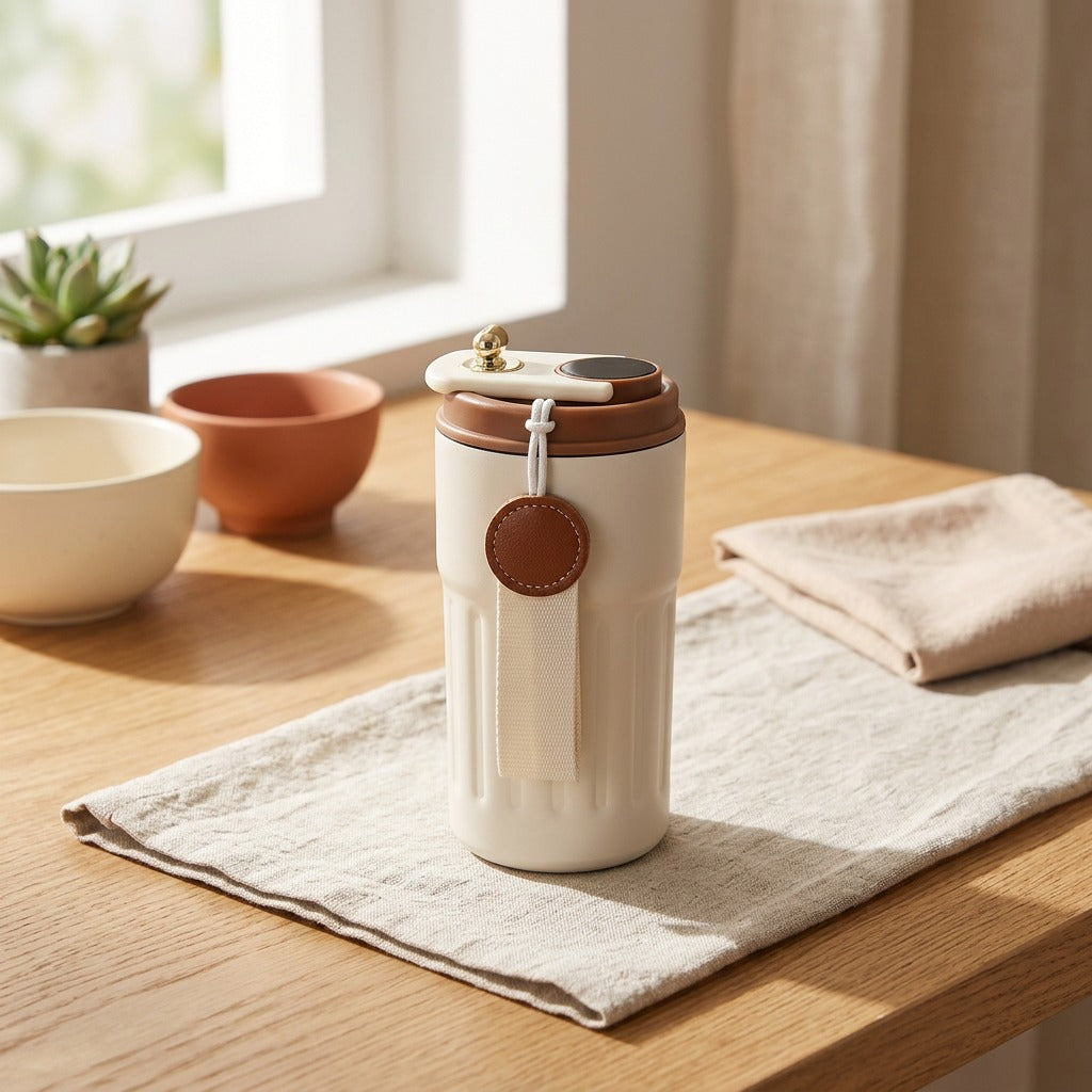 Thermkeep™ 316 Stainless Steel Temperature Display Coffee Cup in a calm home setting