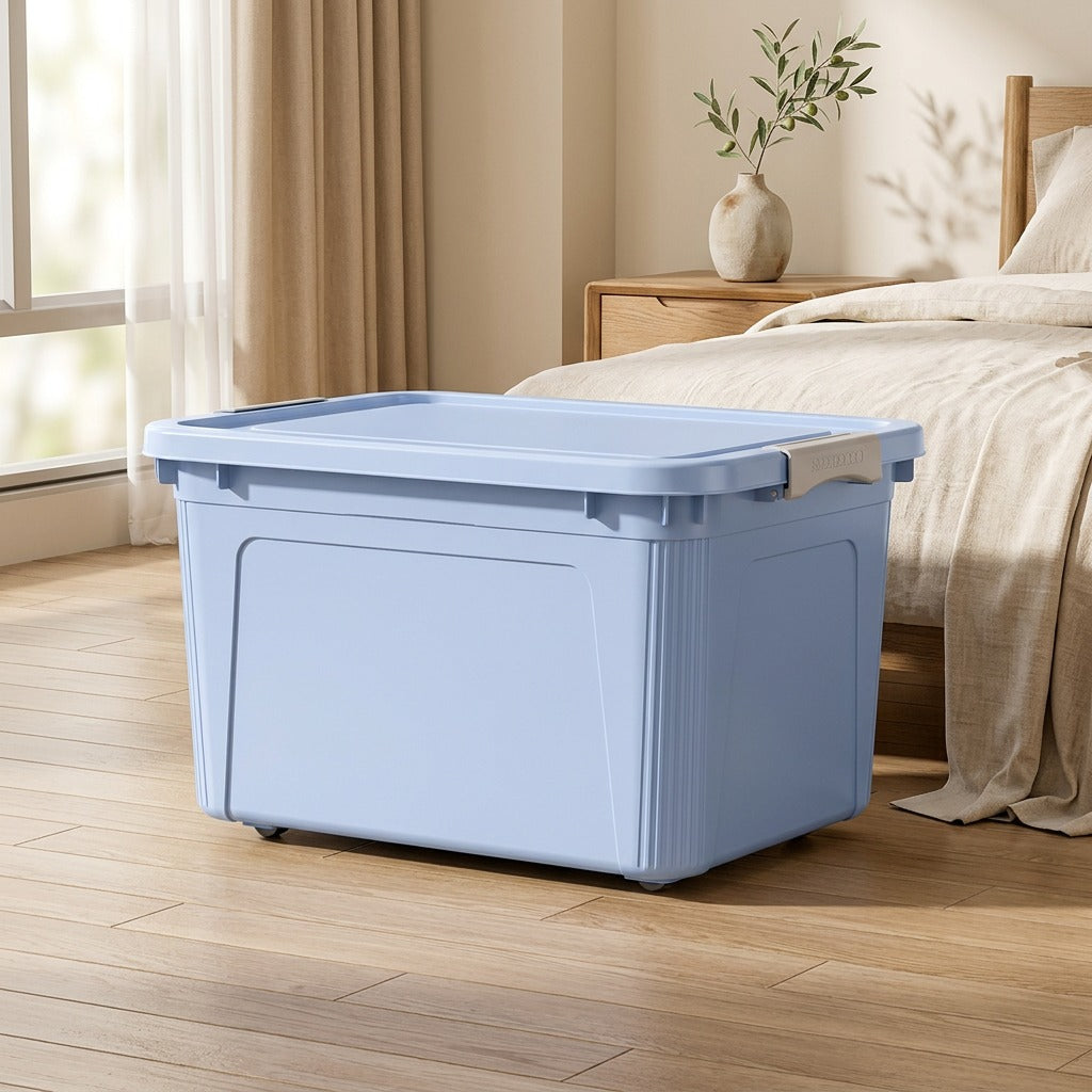 Wheelstow™ Large Plastic Storage Box with Pulleys in a calm home setting