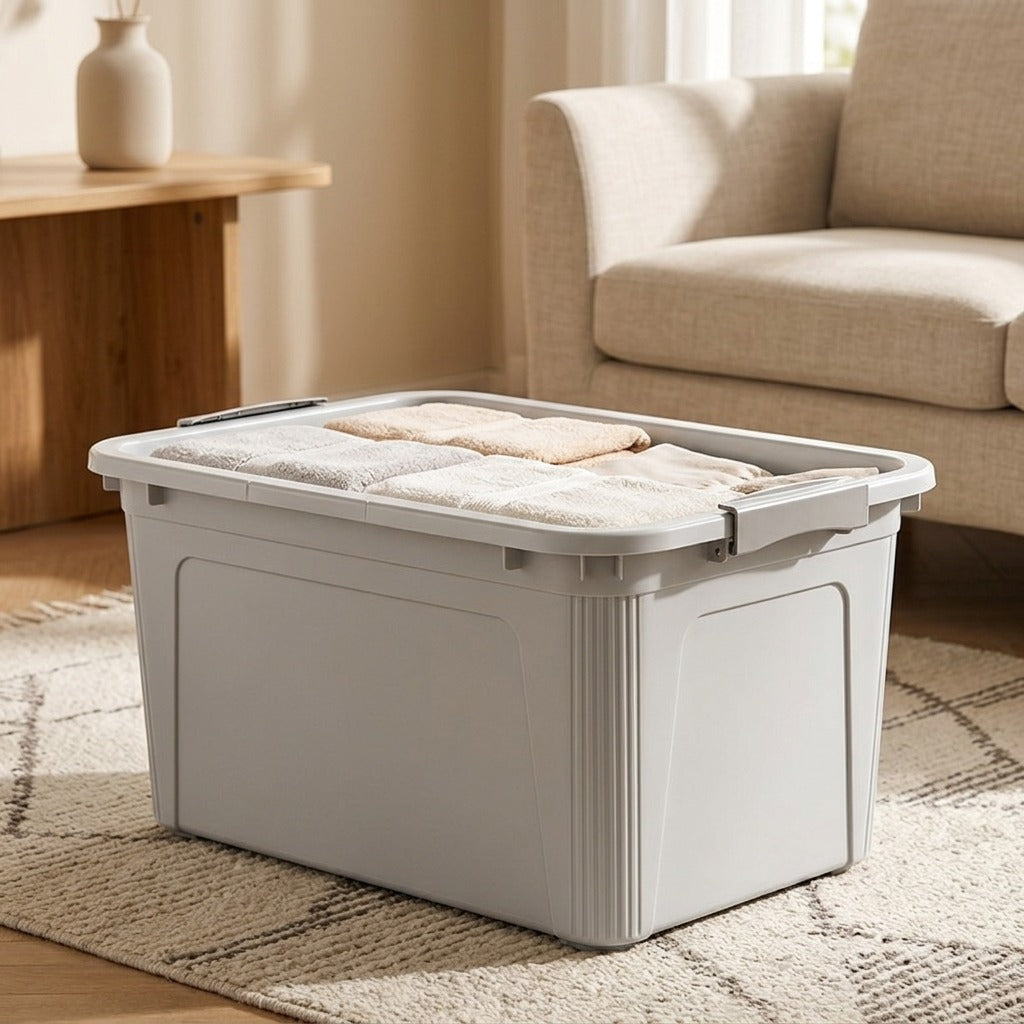 Wheelstow™ Large Plastic Storage Box with Pulleys, styled close view