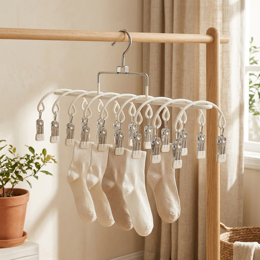 Clipdry™ Stainless Steel Sock Drying Rack in a calm home setting
