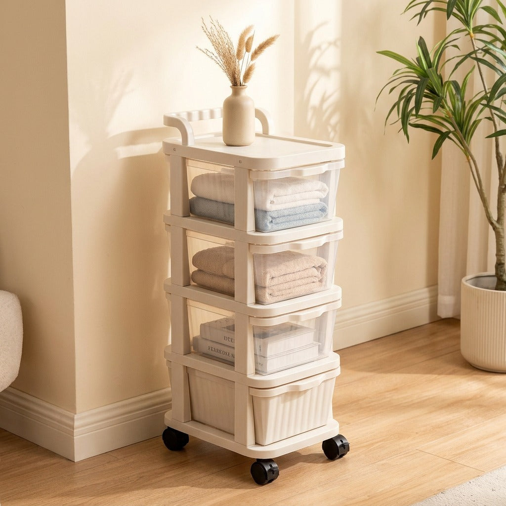 Creamwell™ Cream Plastic Drawer Storage Rack, styled close view
