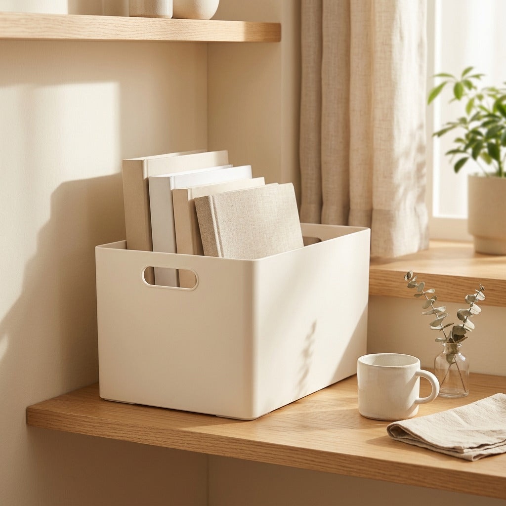 Cubbynook™ Stackable Desktop Storage Box in a calm home setting