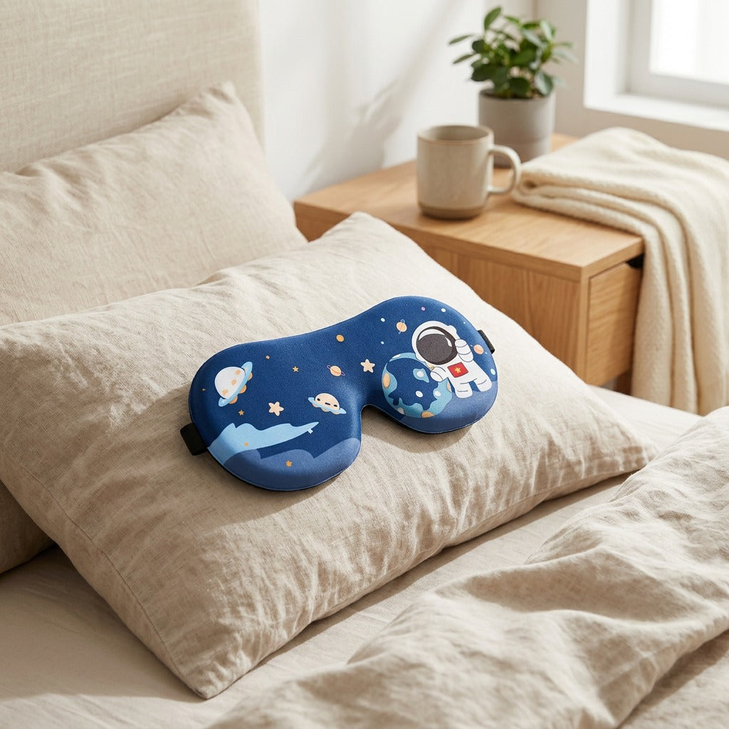 Dreamprint™ 3D Memory Foam Blackout Eye Mask in a calm home setting