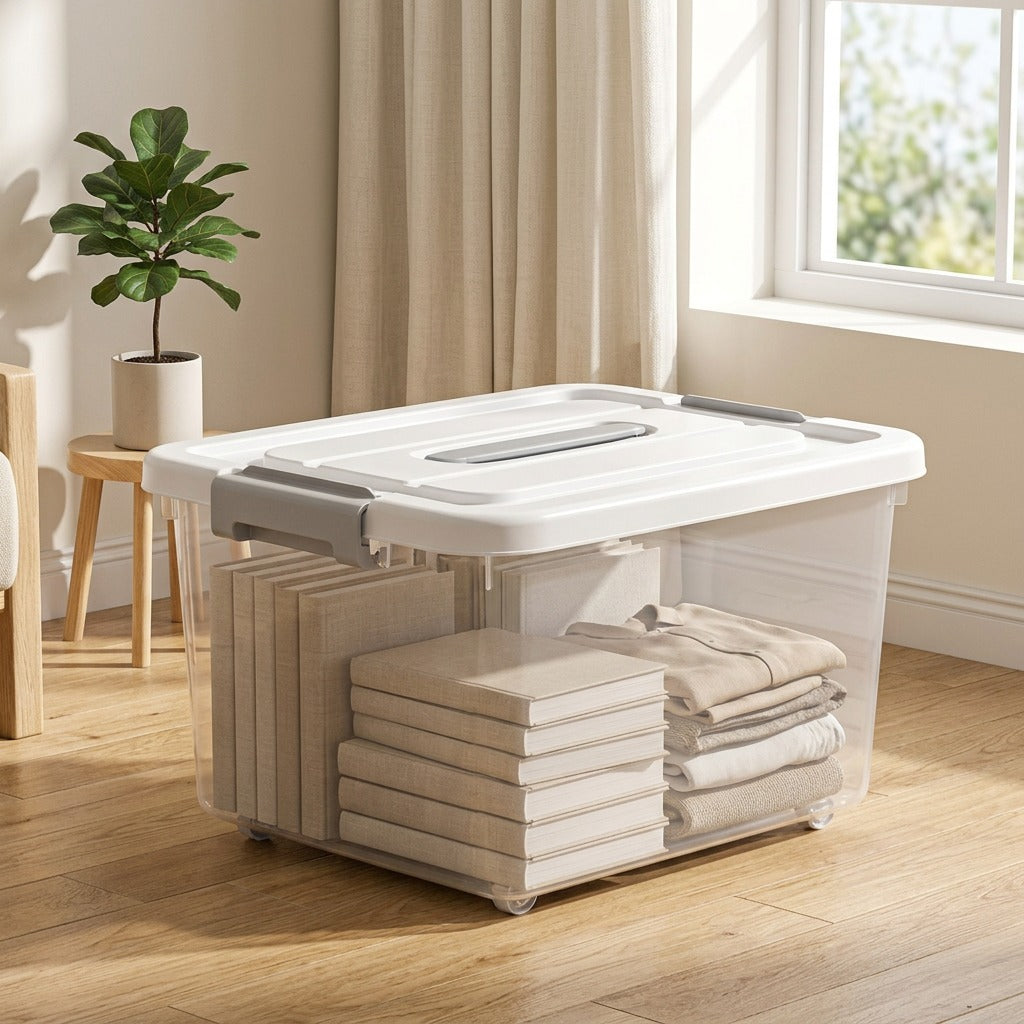 Rollcrate™ Plastic Wheeled Storage Box in a calm home setting