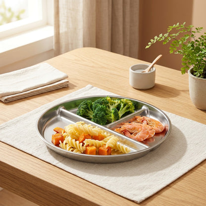 Mealwell™ Round Stainless Steel Dinner Plate in a calm home setting