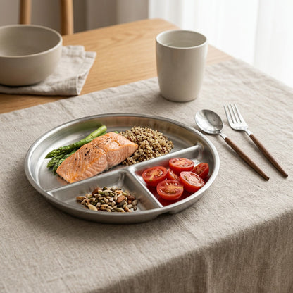 Mealwell™ Round Stainless Steel Dinner Plate, styled close view
