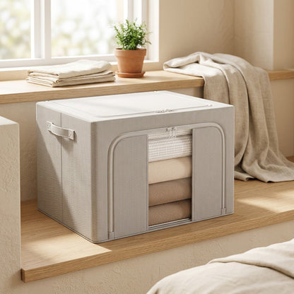 Stowclad™ Oxford Cloth Storage Box with Steel Frame and Lid in a calm home setting