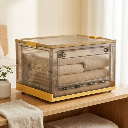 Panefold™ Foldable Transparent Plastic Storage Box in a calm home setting