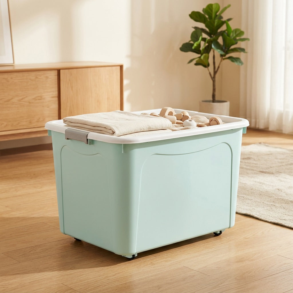Roombin™ Extra Large Plastic Toy Storage Box in a calm home setting