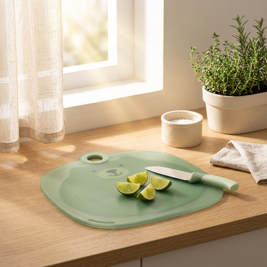 Slicewell™ Double-Sided Plastic Cutting Board in a calm home setting