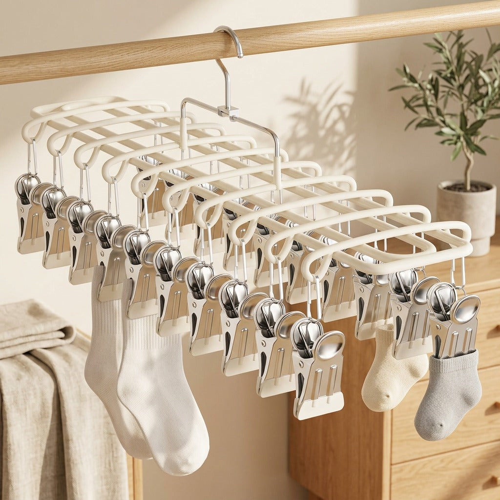 Snapdry™ 20-Clip Stainless Steel Sock Drying Rack in a calm home setting