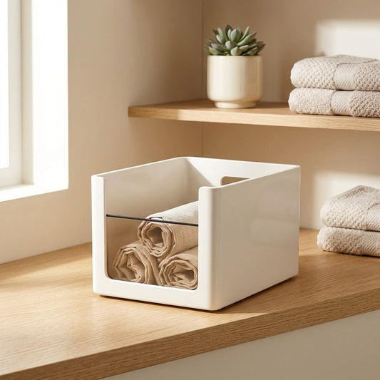 Stowbin™ Modern Minimalist Plastic Storage Box Organizer in a calm home setting
