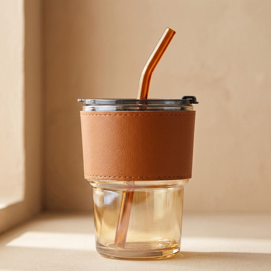 Strawcup™ Glass Cup with Straw and Lid, material and detail close-up