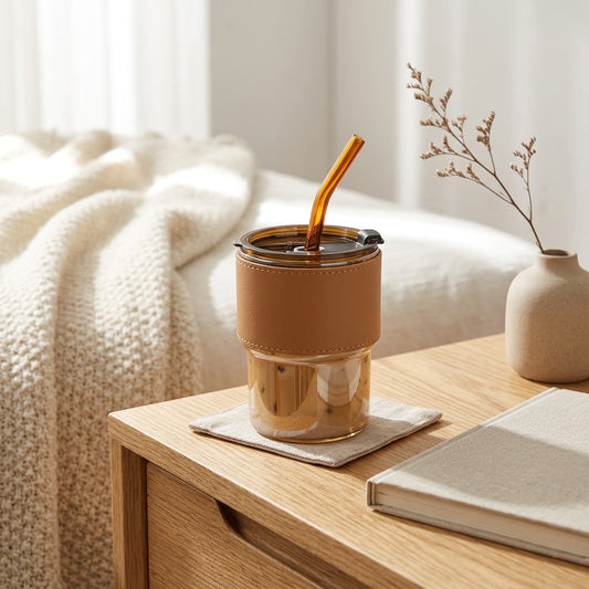 Strawcup™ Glass Cup with Straw and Lid in a calm home setting