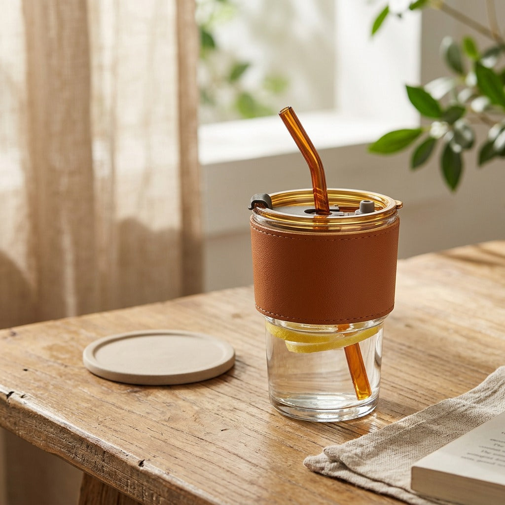 Strawcup™ Glass Cup with Straw and Lid, styled close view