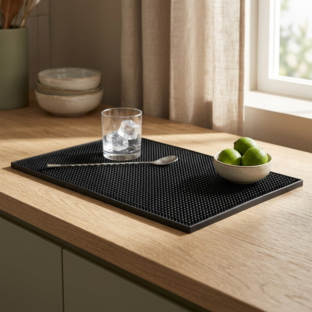 Barridge™ PVC Bar Draining Mat and Drink Coaster, styled close view