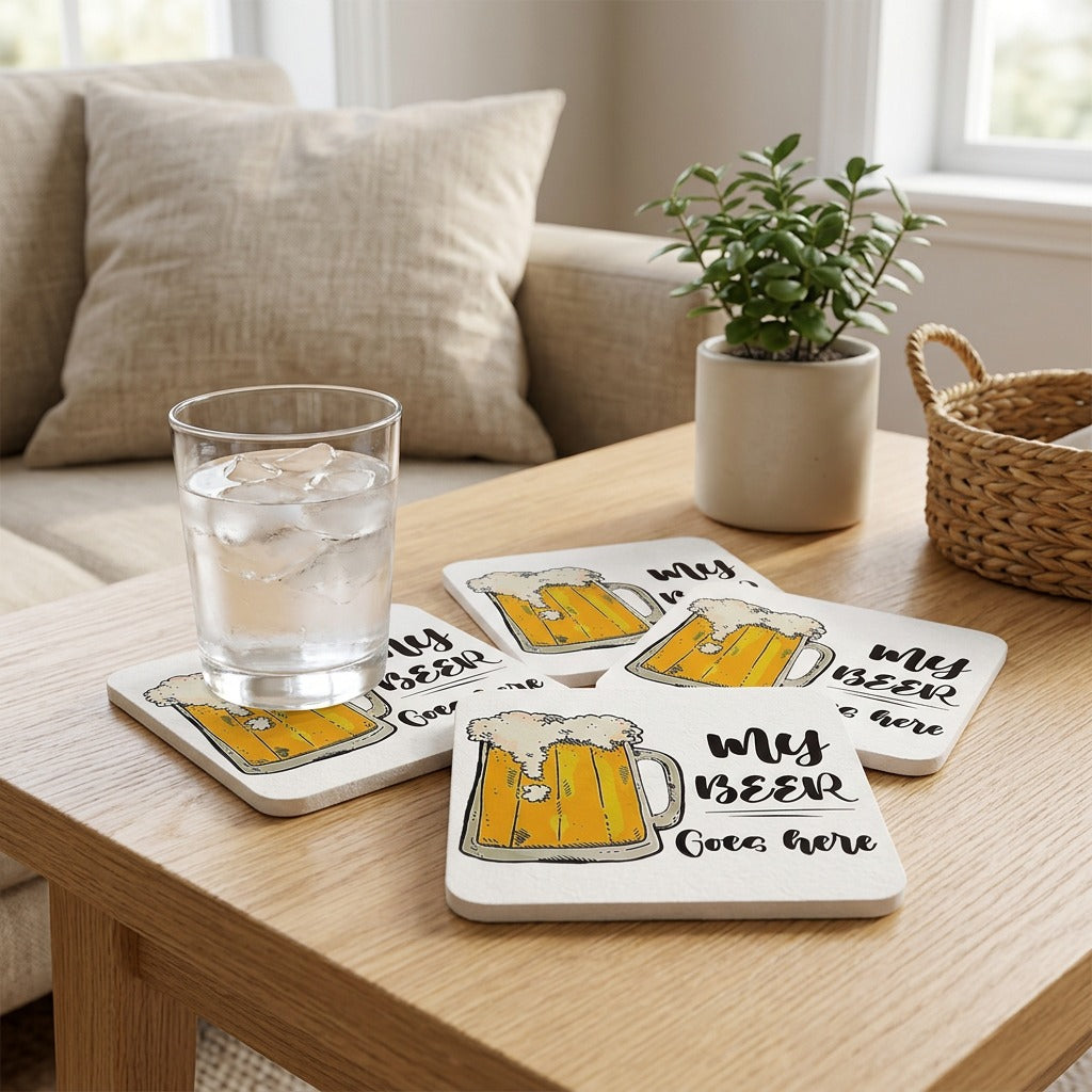 Blotmark™ Custom Absorbent Paper Coasters in a calm home setting