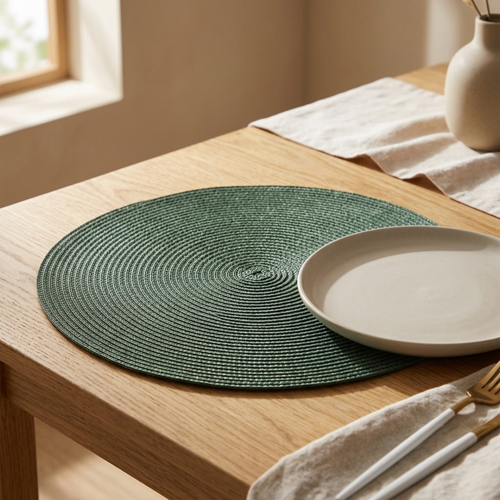 Dineweave™ Round Woven Plastic Placemat, styled close view